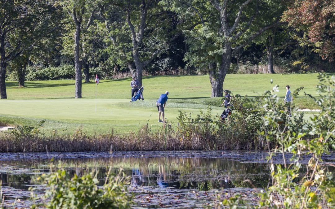 Golfers approach the green at Fresh Pond Golf Course in Cambridge, MA, with water and trees framing the lush scene.