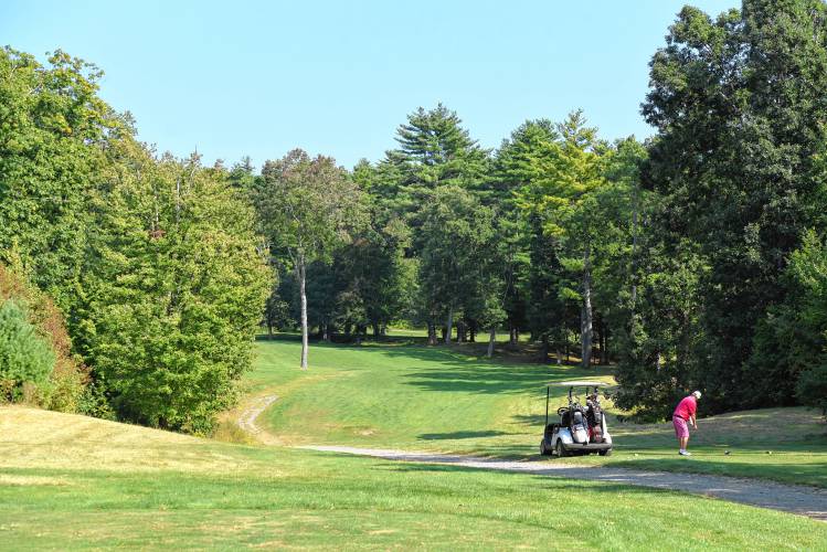 Golfer preparing to tee off beside a golf cart on a lush fairway at Mill Valley Country Club in Belchertown, MA, surrounded by tall trees.