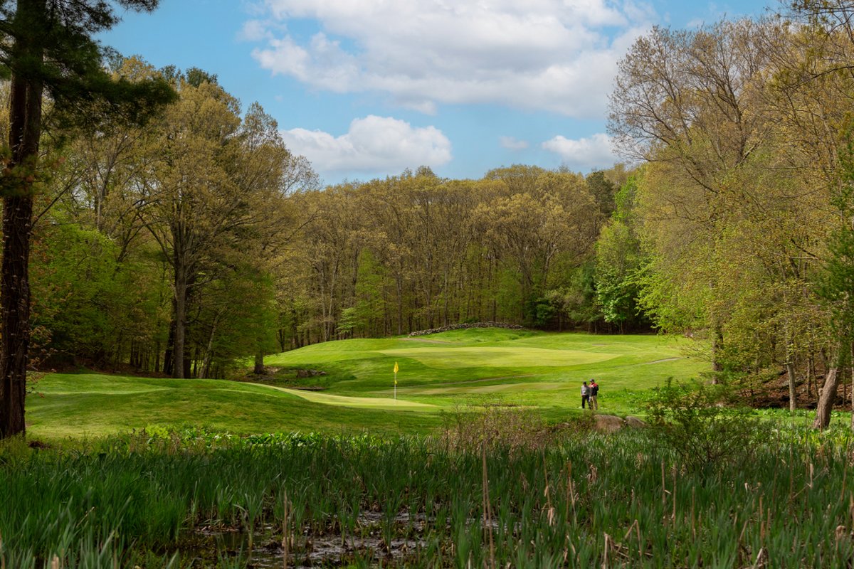 Lush fairway and green at New England Country Club in Bellingham, MA, bordered by mature trees and blue sky with clouds