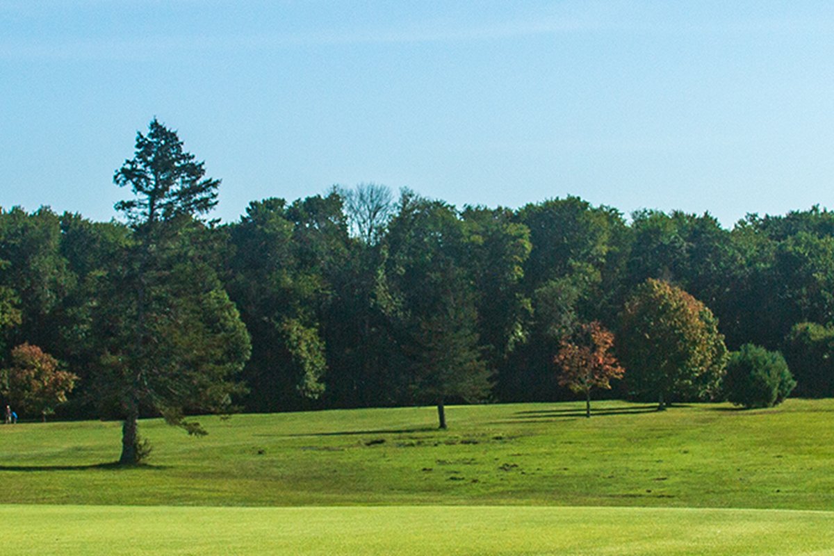 Wide fairway at Pinecrest Golf Club in Holliston, MA with scattered trees, lush grass, and dense tree line under clear blue sky