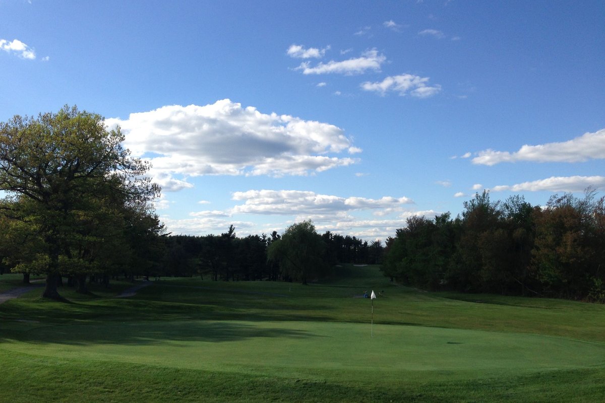 Lush green putting green at Westminster Country Club, flagstick in center, surrounded by trees under a blue sky with clouds