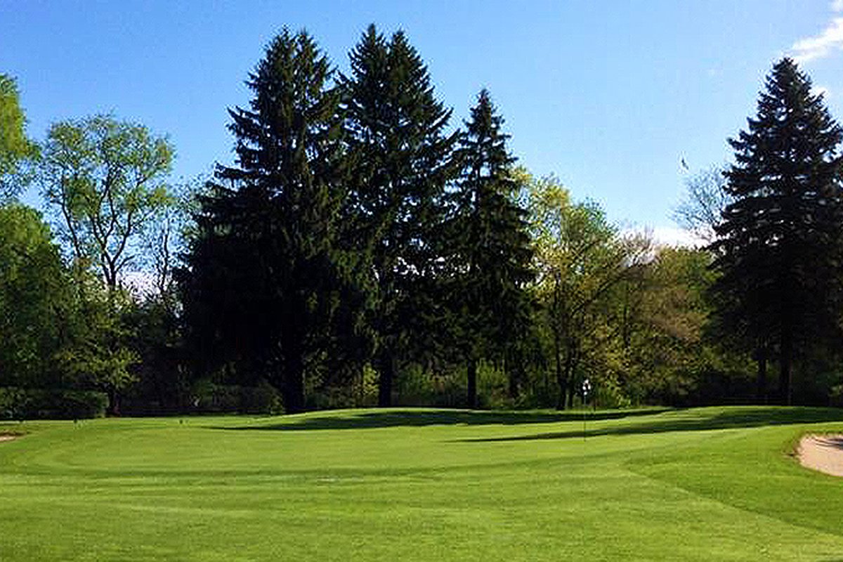 Wide green at Westover Municipal Golf Club in Granby, MA with flagstick, tall pine trees, and clear blue sky in background