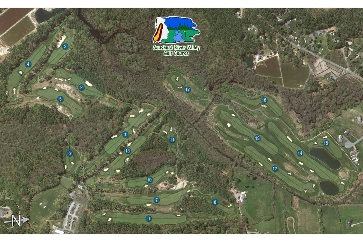 Aerial view of Acushnet River Valley GC in Acushnet, MA showing fairways, greens, sand bunkers, water hazards, and surrounding woods