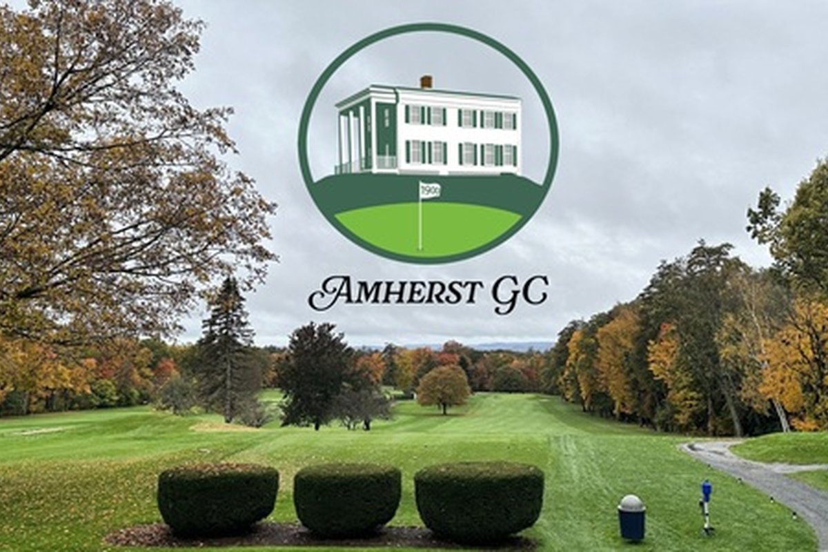 Amherst Golf Club fairway lined with autumn trees under cloudy sky, logo with white clubhouse and green below