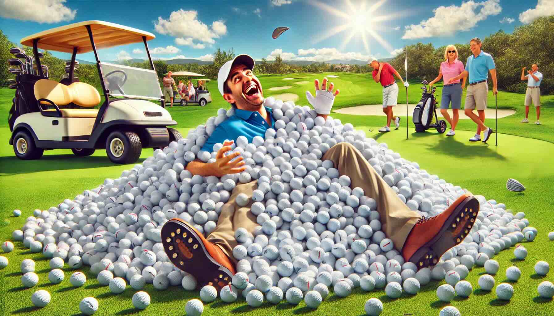 A man trying to get out of a pile of golf balls