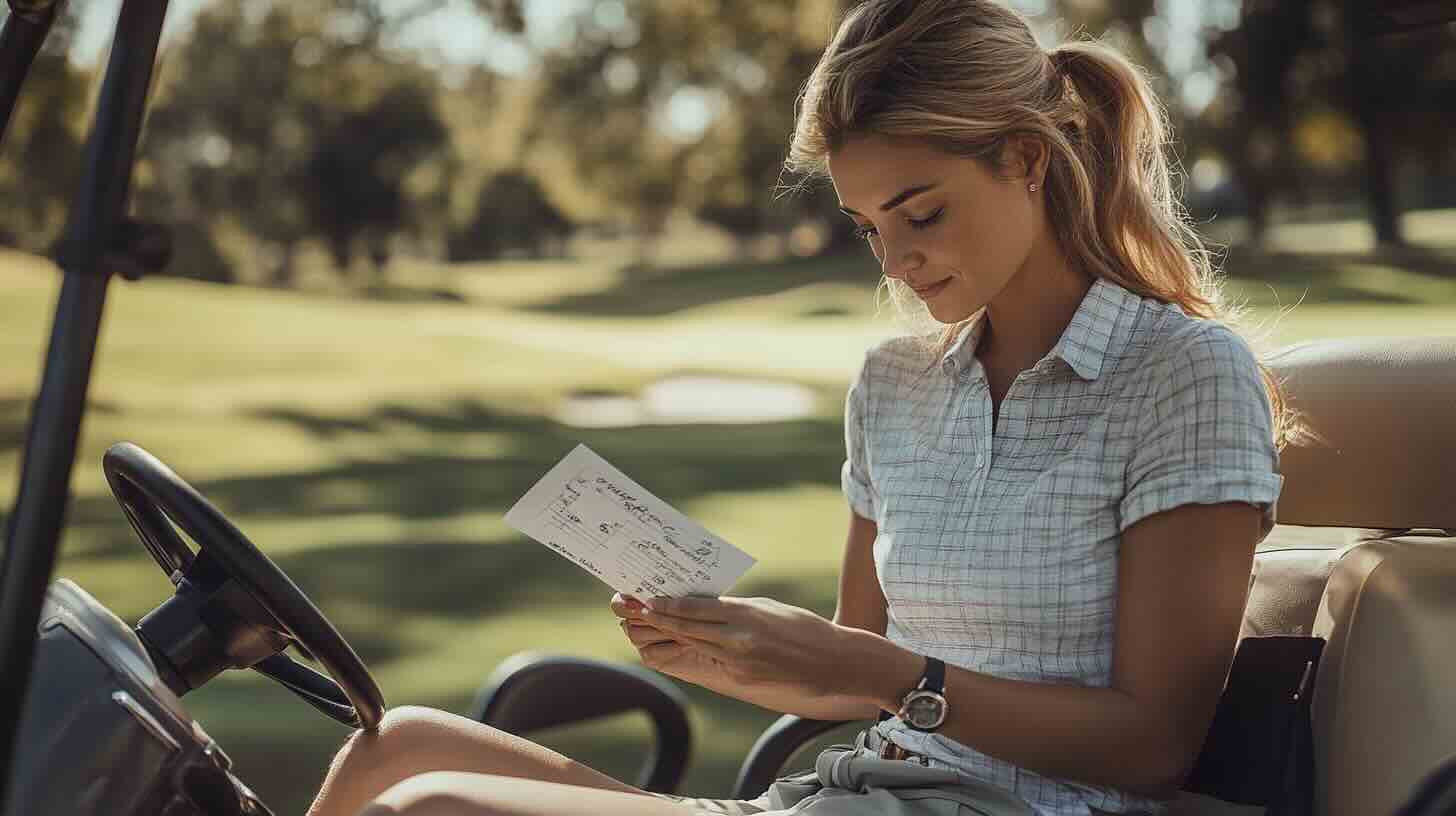 A women sitting in a golf cart updating her scorecard
