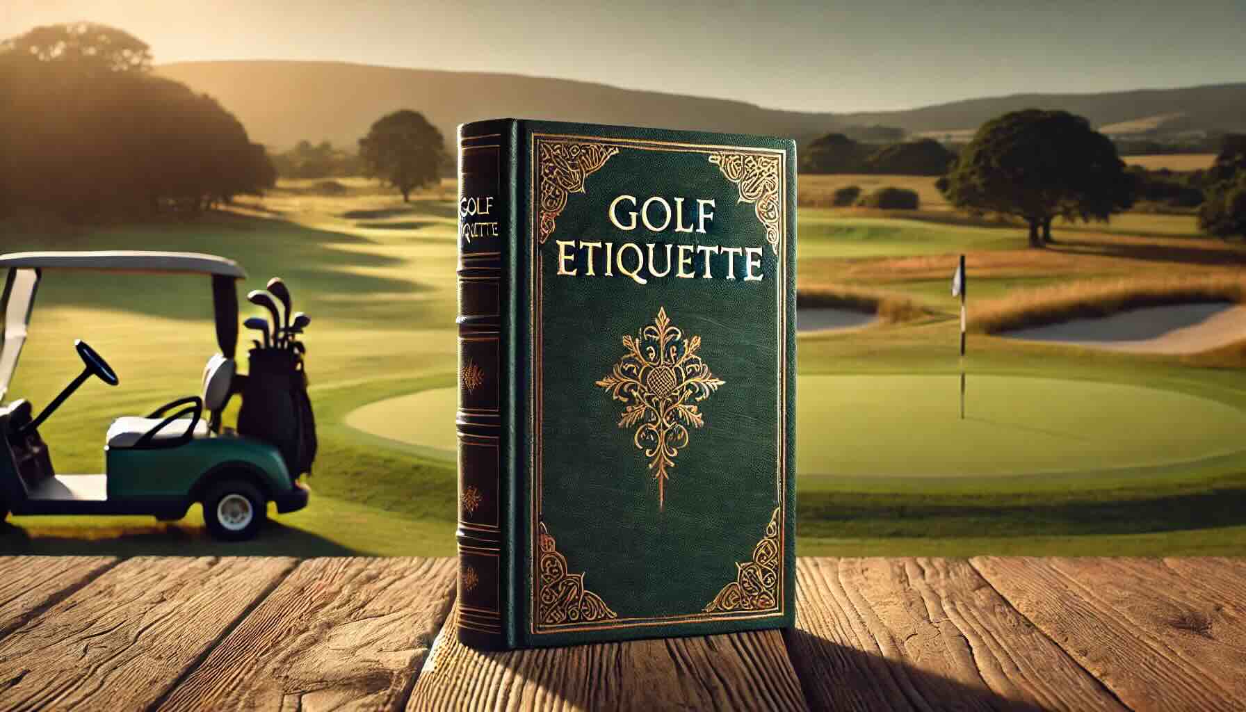 A green book with words Golf Etiquette on the cover