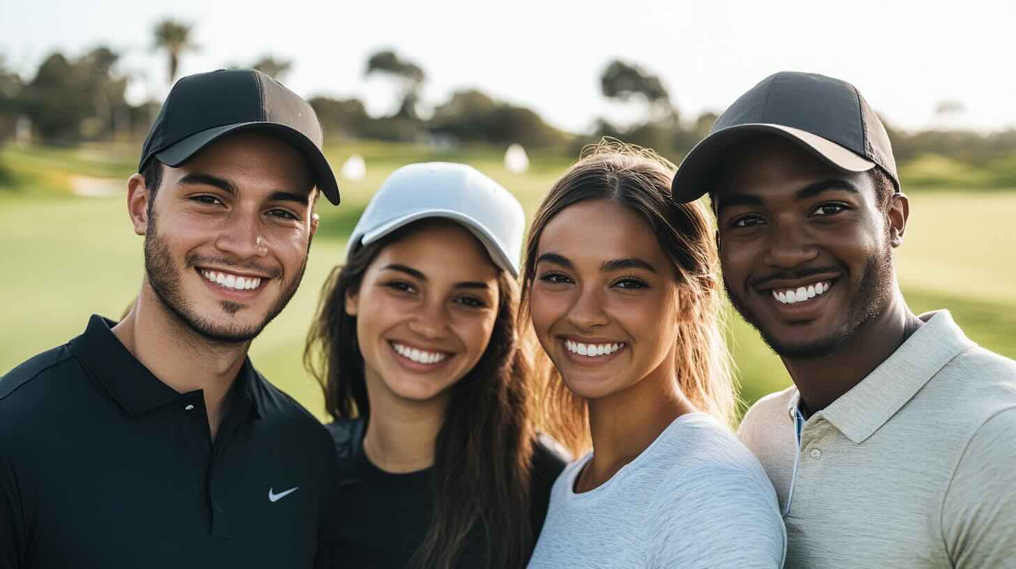 Two women and two men standing on a golf course