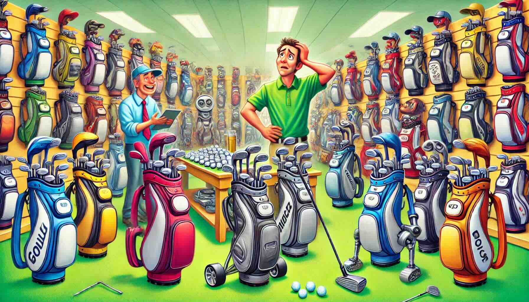 Four golf bags with a cart behind them.