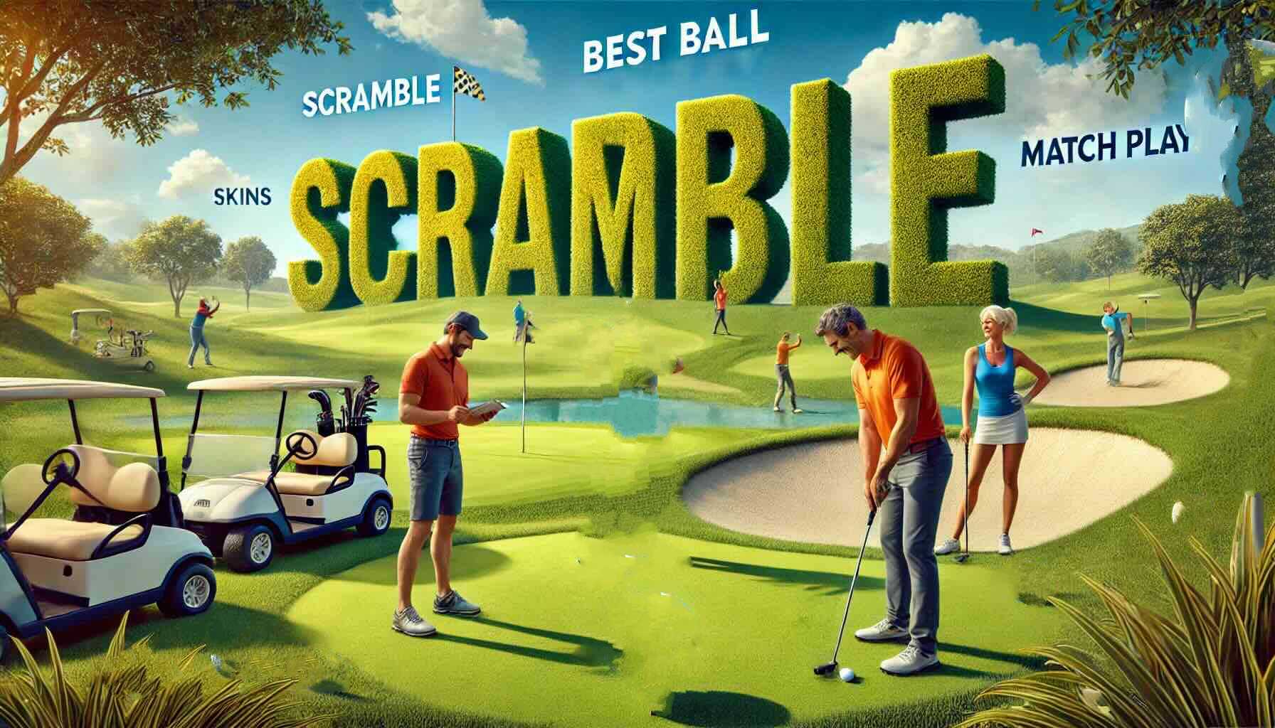 People on a golf course with the words Scramble, Best Ball, Skins and Match Play