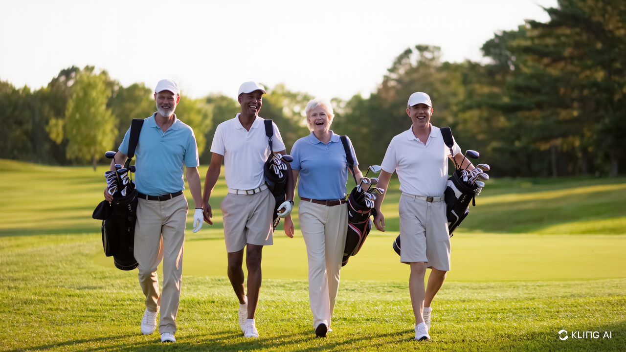 Four golfers walking on a golf course