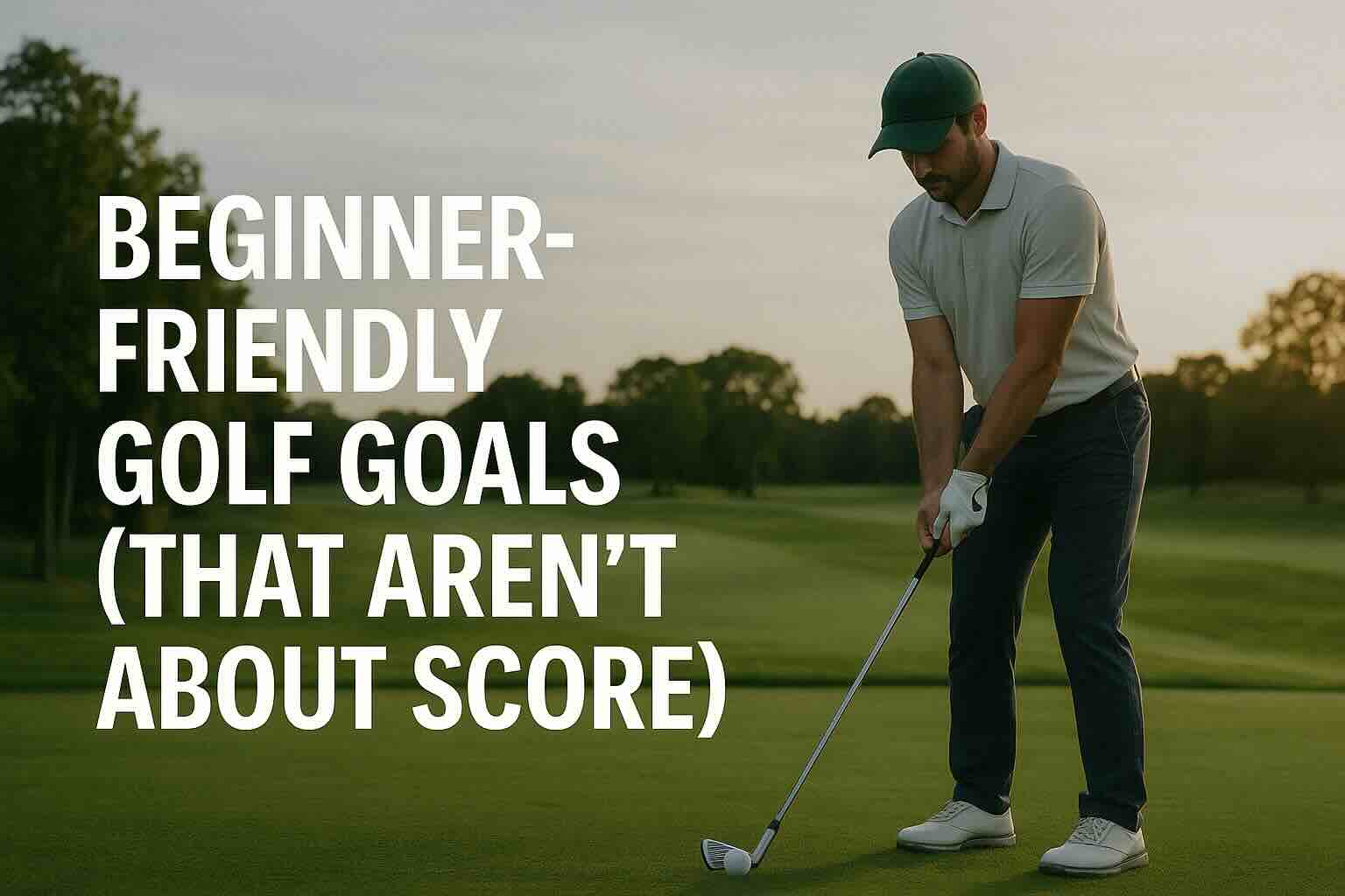 Man hitting a golf ball on a tee with the words "Beginner-Friendly Golf Goals (That Aren’t About Score)"