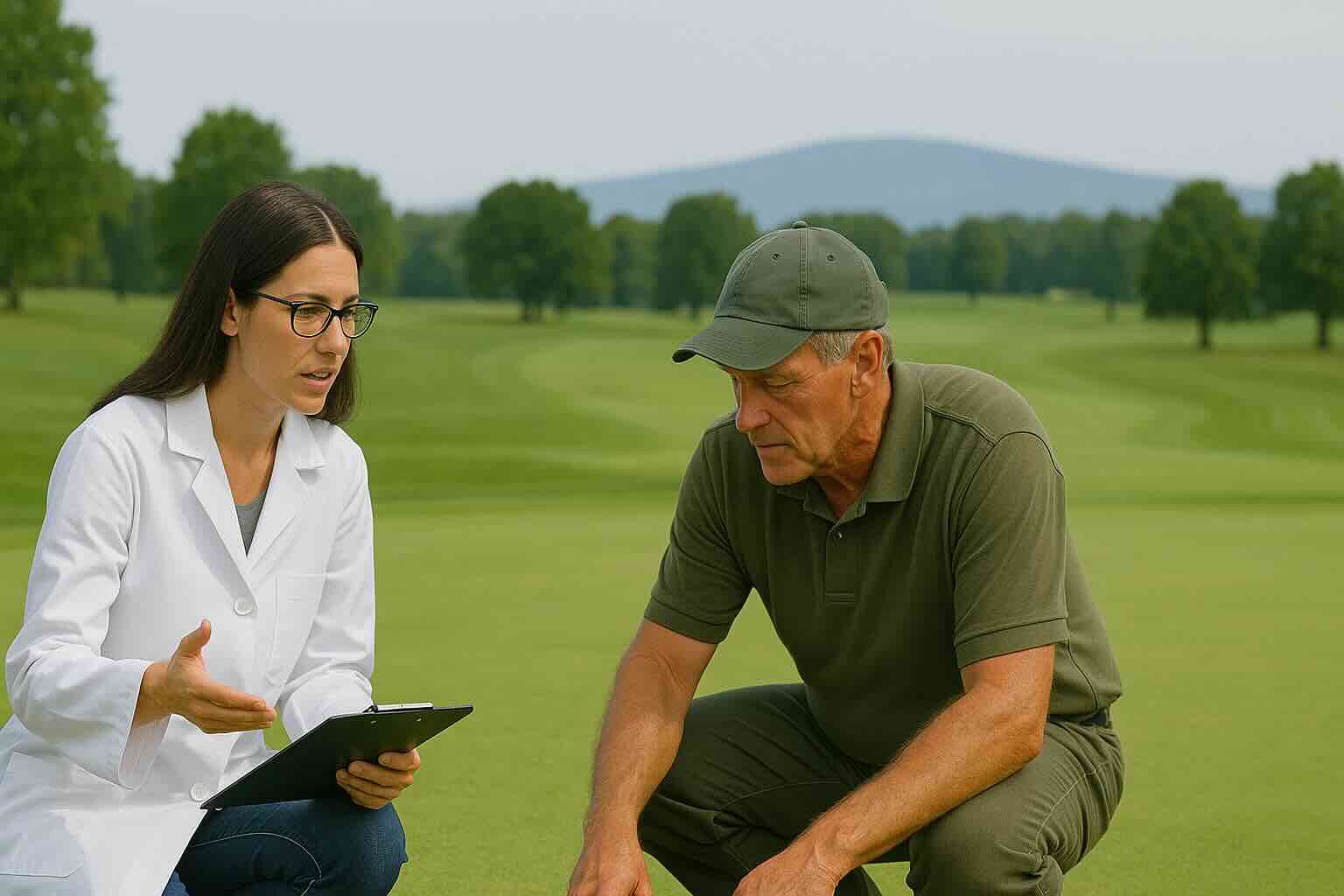 A female scientist in a white lab coat and a golf course groundskeeper kneel on a putting green, closely examining the turf, with fairways and mountains in the background.