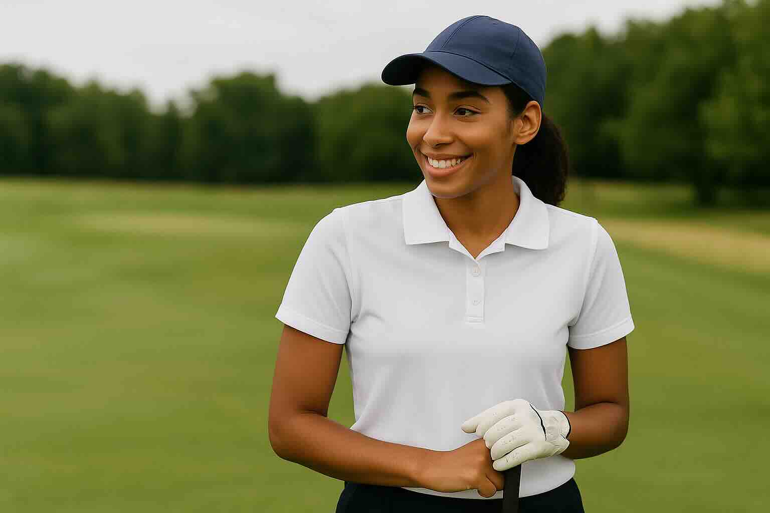 A young female golfer in a white polo and navy cap smiles while standing on a lush green fairway, holding a golf club in gloved hands.