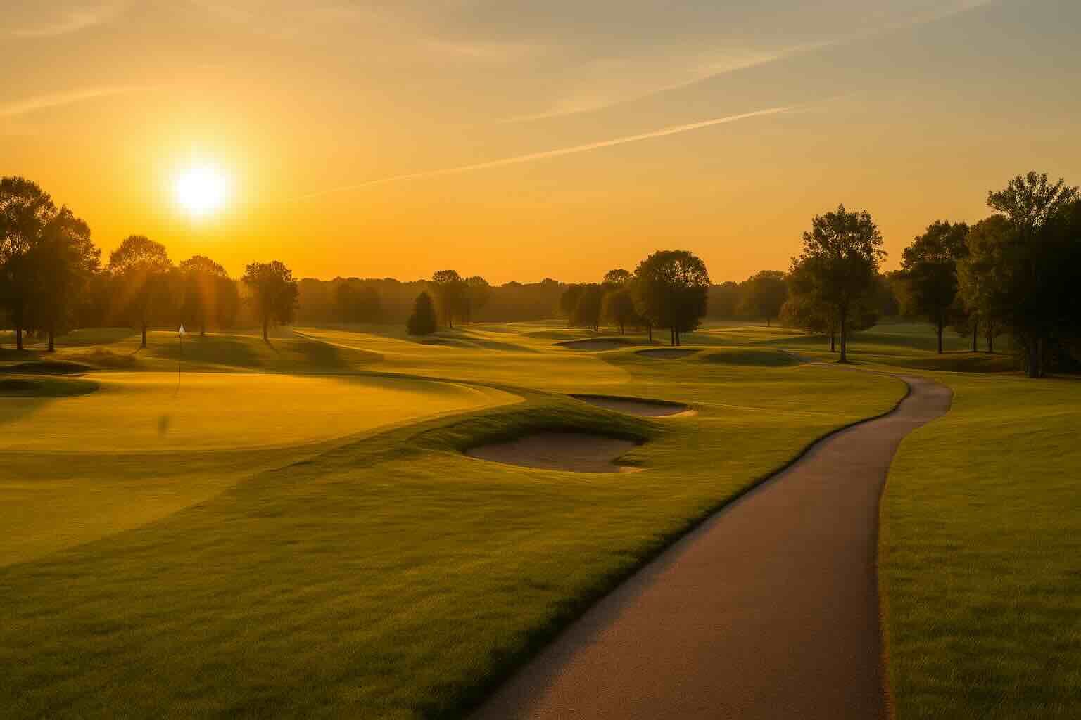Sunset over a golf course fairway with a winding cart path, sand bunkers, and trees silhouetted in warm golden light.
