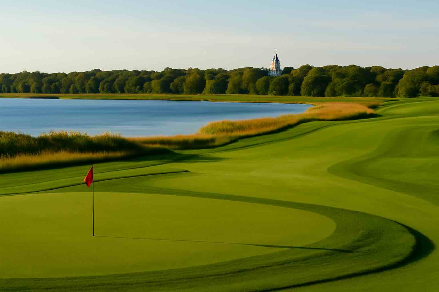 Golf course on Martha’s Vineyard with a red flag, coastal water, and a church steeple in the distance.