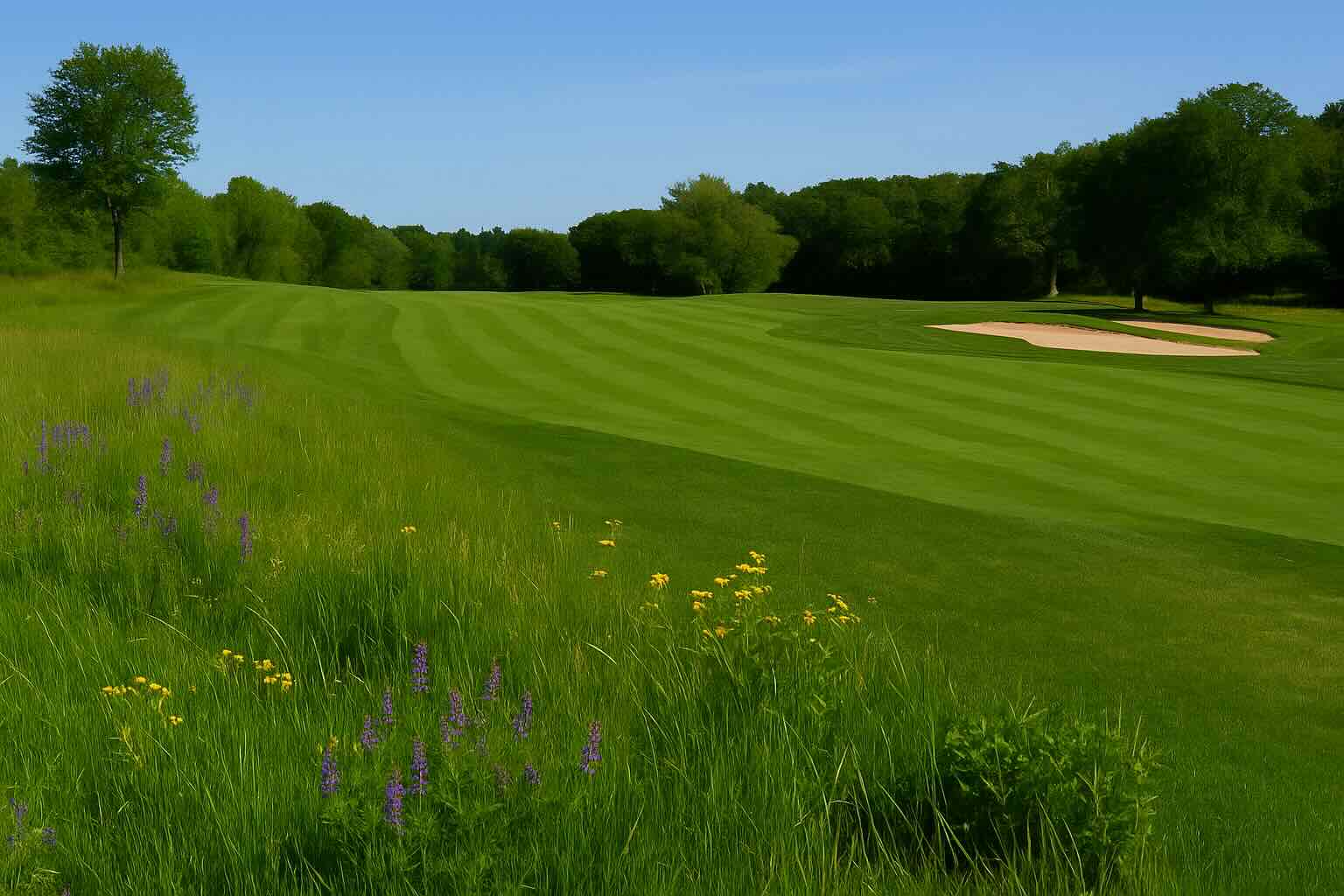 A golf fairway bordered by wildflowers and trees on a sunny day, with a sand bunker visible in the distance.