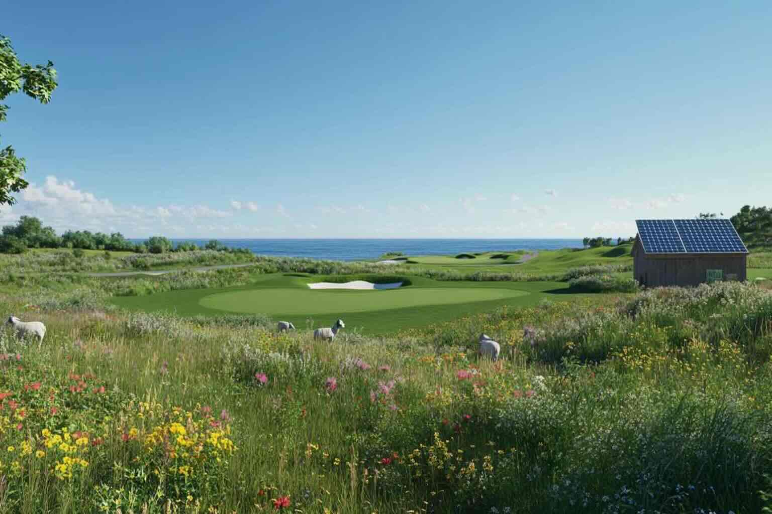 A green near the ocean with wild flowers and goats