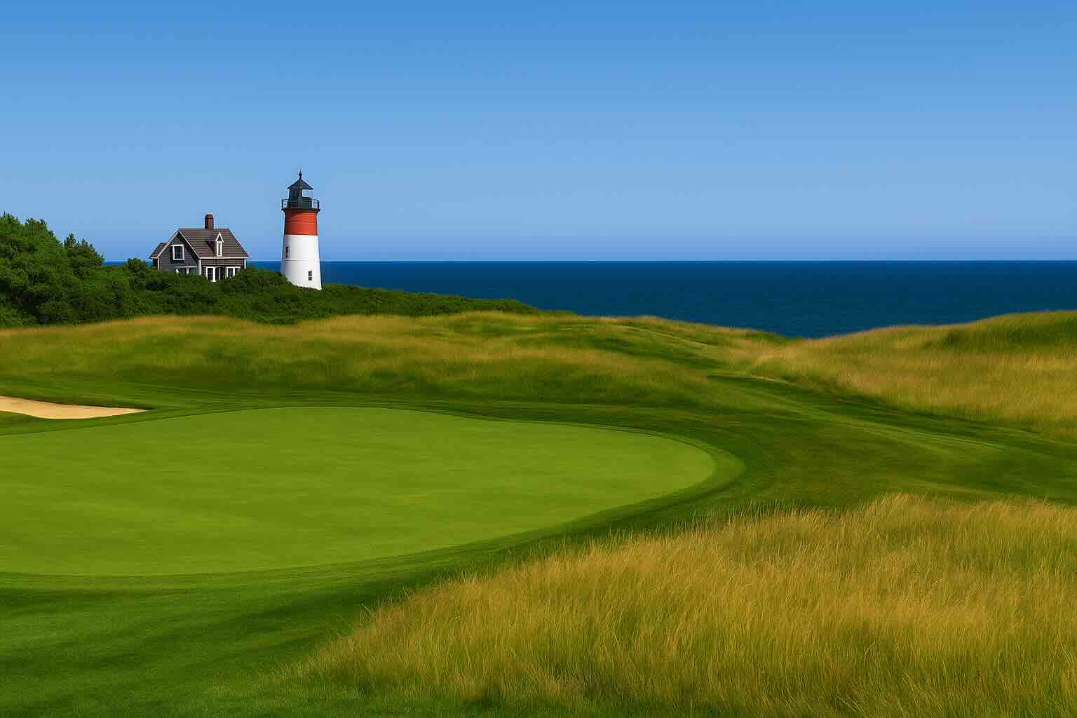 Cape Cod golf course with ocean view, lighthouse, and green fairway under clear blue sky.