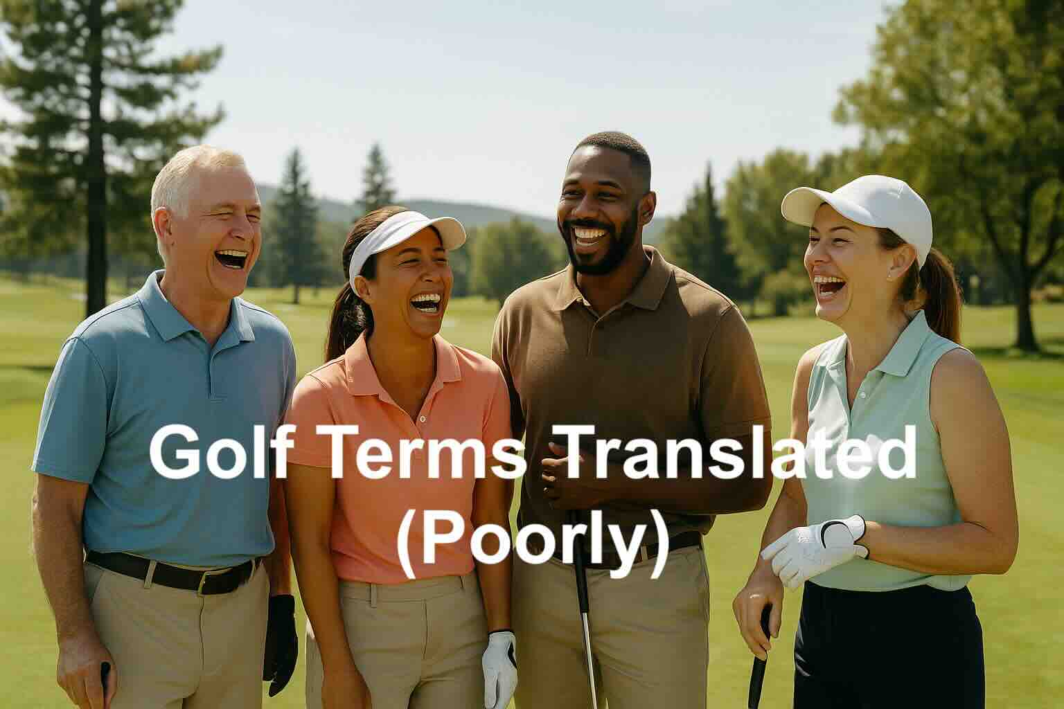 Four golfers laughing together on a sunny course, dressed in casual golf attire, standing on green grass with trees in the background.
