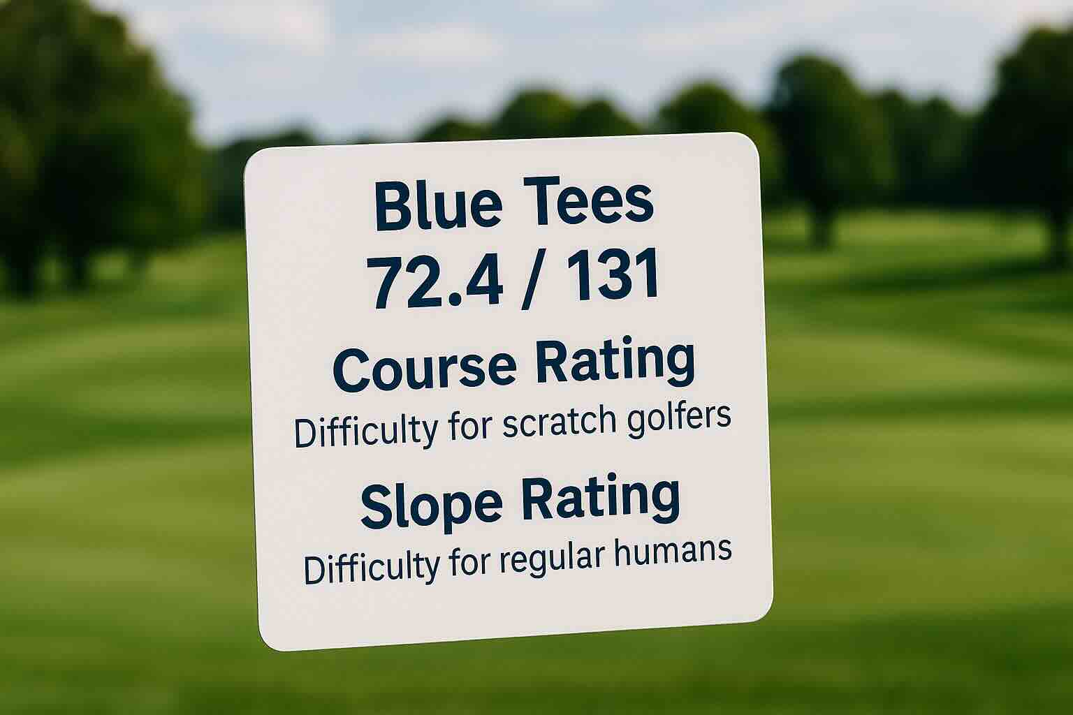 Scorecard on a golf course with text: Blue Tees 72.4 / 131, Course Rating, Slope Rating, and their definitions.