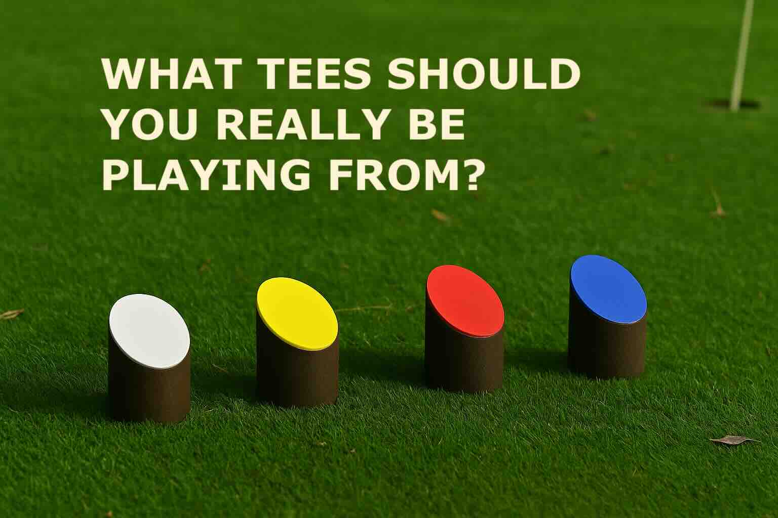 Four tee markers (white, yellow, red, blue) lined up on a green tee box with a flag in the distance.