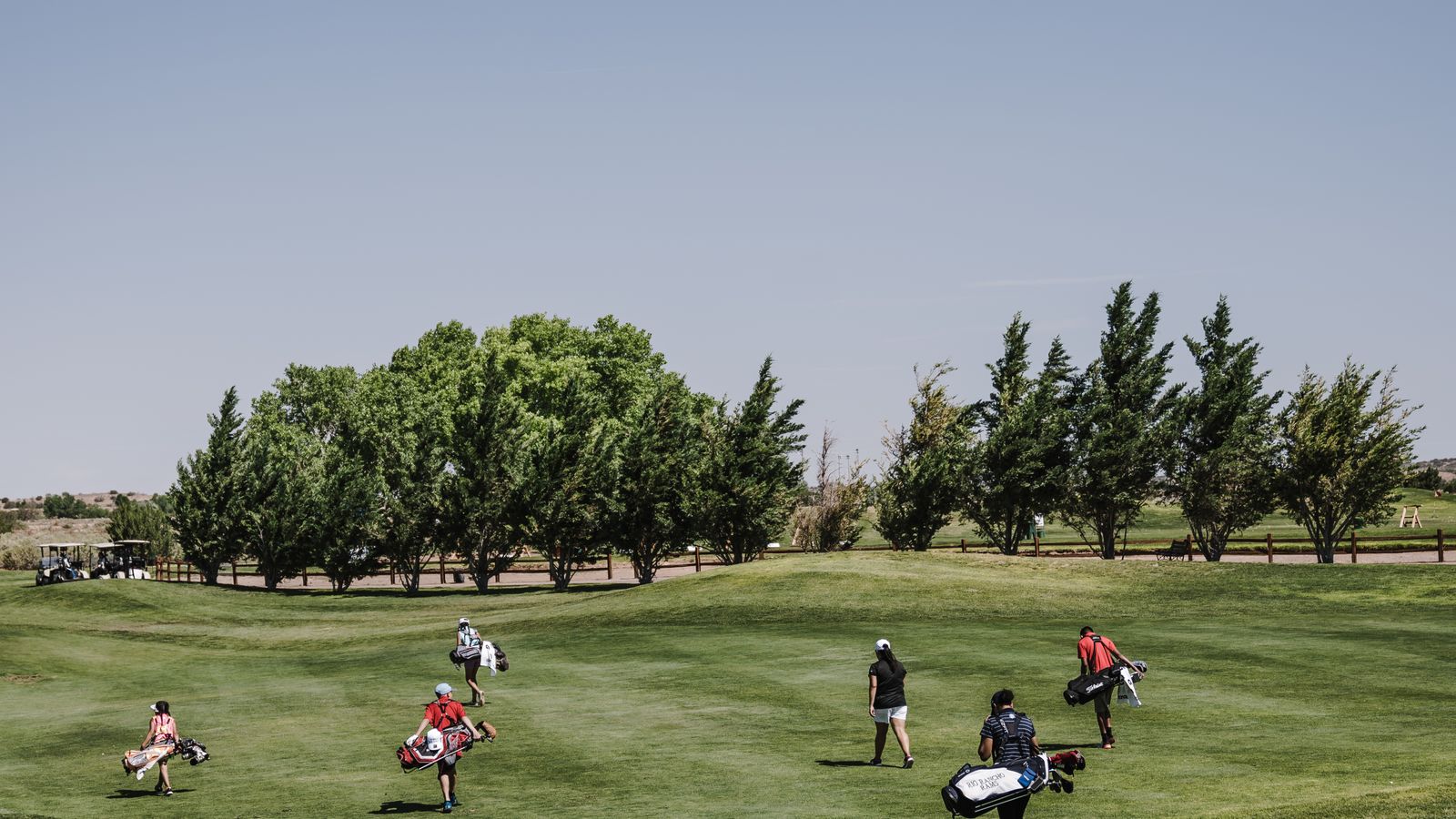 Golfers of different ages carrying their bags down a public-course fairway