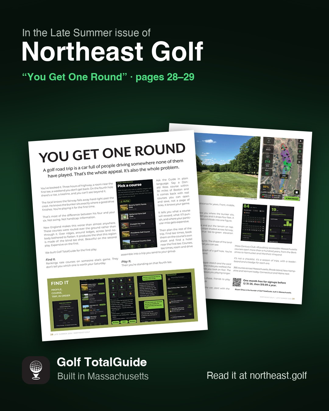 The two-page spread of You Get One Round in the Late Summer 2026 issue of Northeast Golf magazine