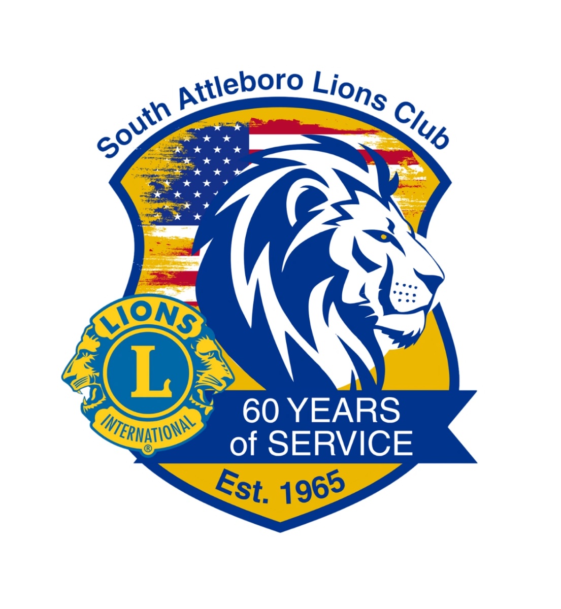 South Attleboro Lions Club 21st Annual Golf Tournament logo featuring a blue lion, US flag, and “60 Years of Service, Est. 1965” text