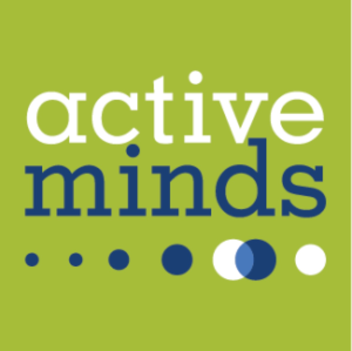 Active Minds logo with white and blue text on a green background, blue and white dots lined up at the bottom of the design