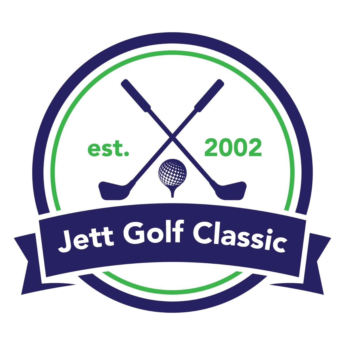 Jett Golf Classic tournament logo with crossed golf clubs, a golf ball, green accents, and Pinehills Golf Club mentioned